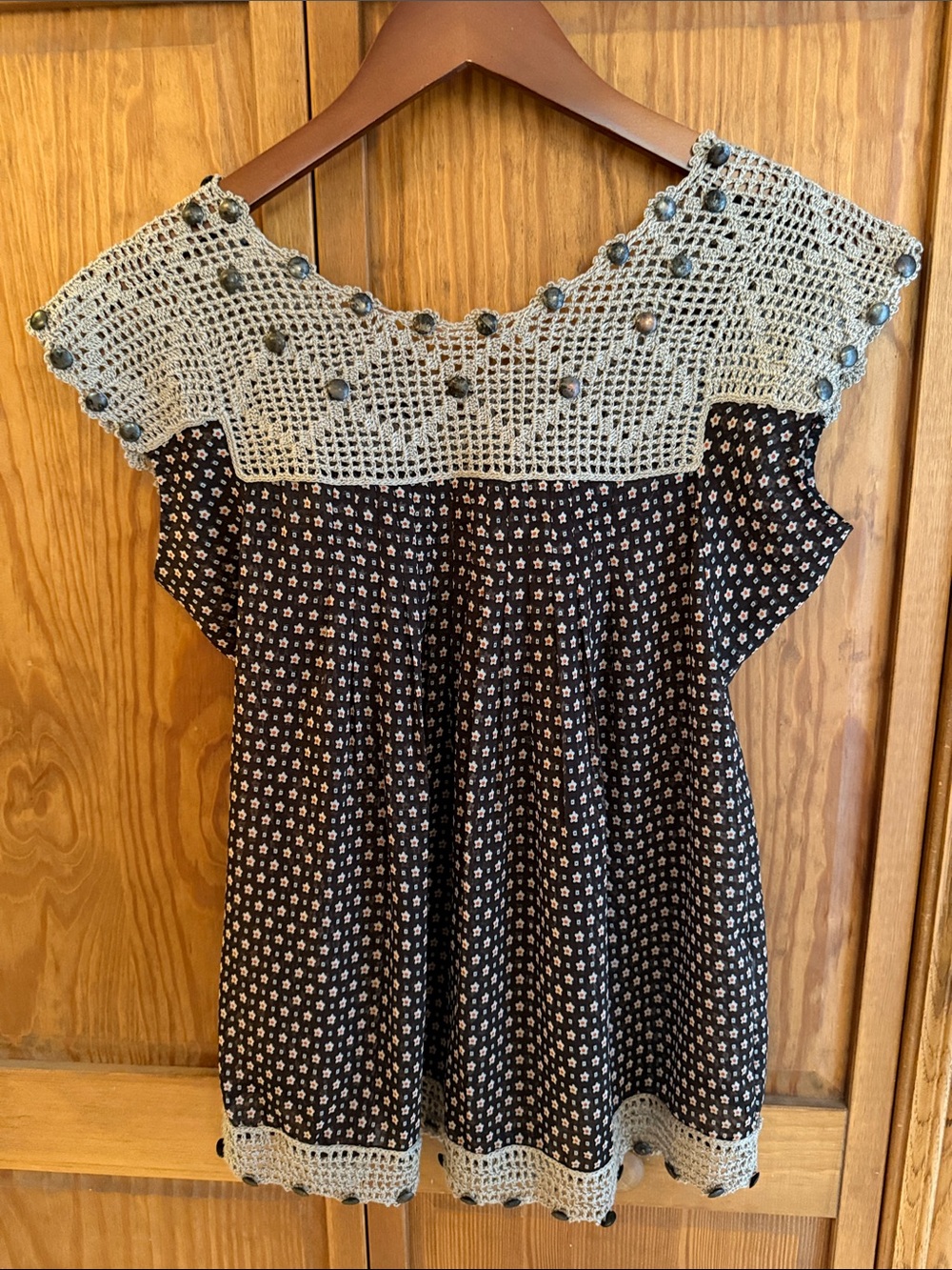 Crochet Yoke Brown Floral Women's Top
